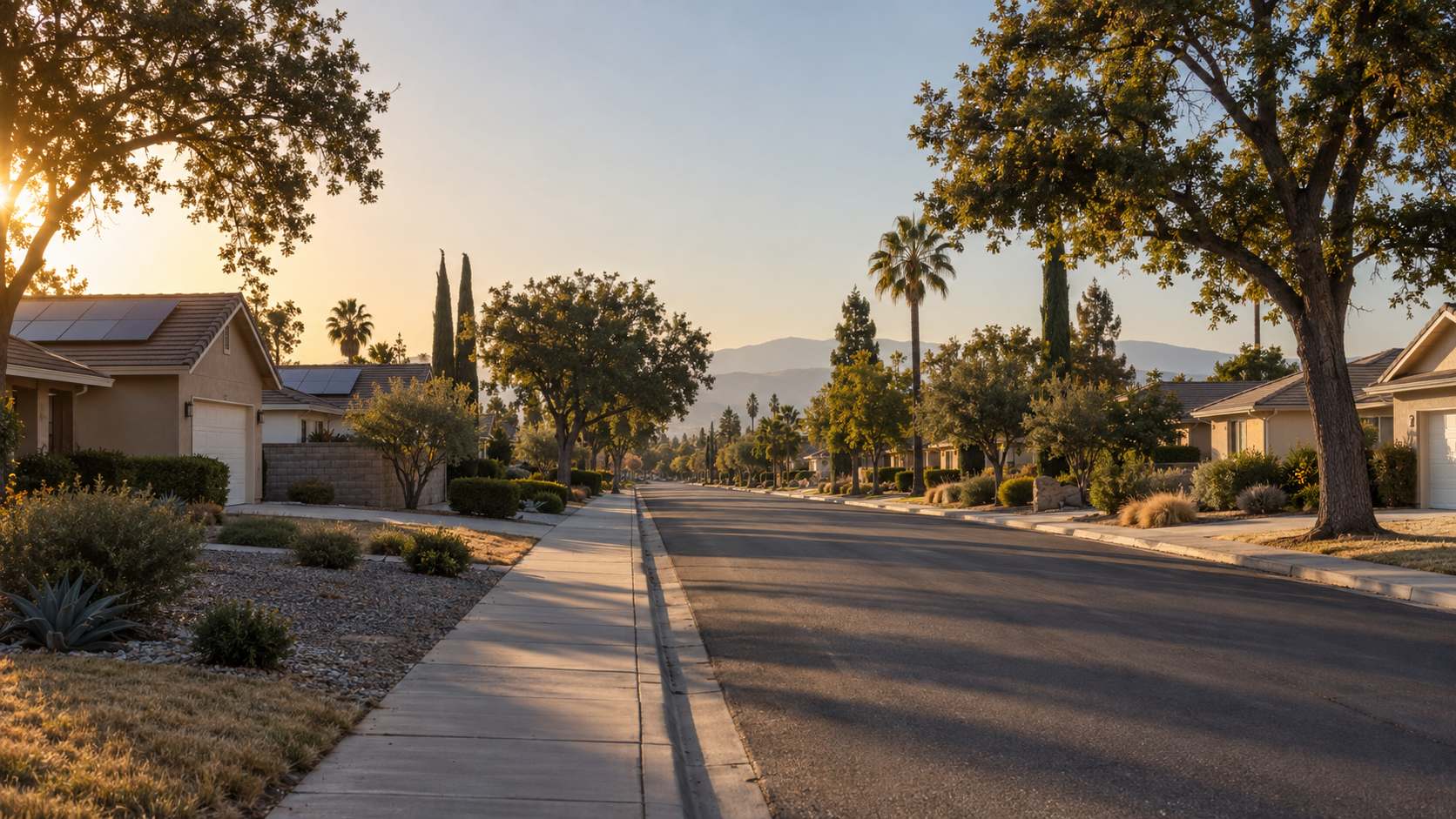 Illustrative Central Valley neighborhood in warm evening light