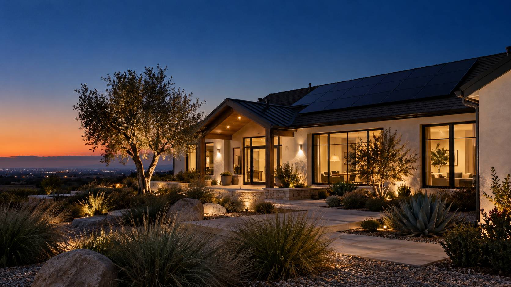 Illustrative California home with rooftop solar and warmly lit windows at twilight
