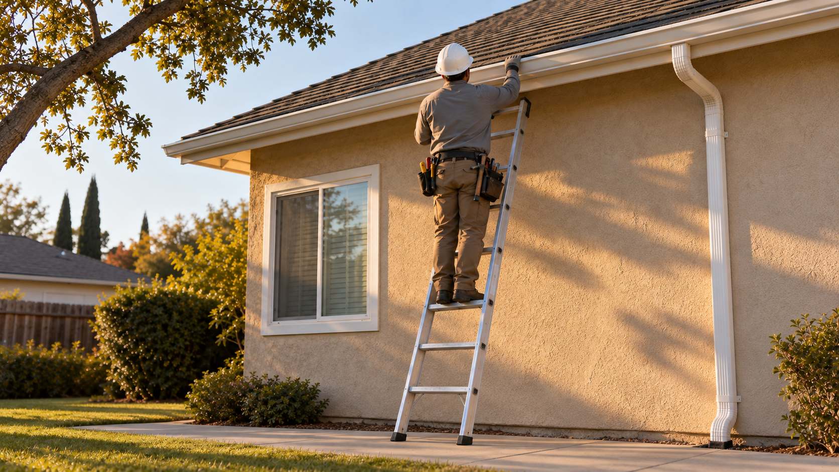 Roofer on a ladder checking the eave and gutter of a stucco home
